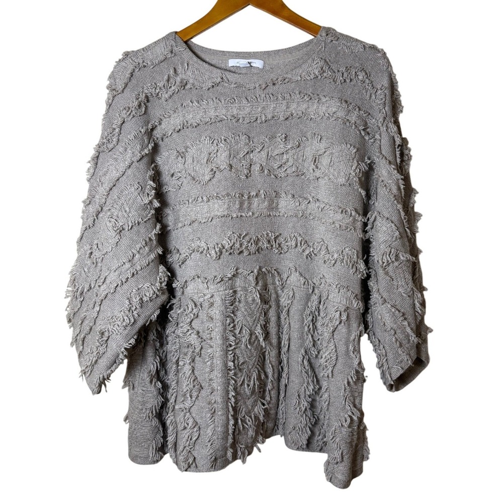 Pure Jill Women Sweater M Tall Gray Beige Fringe Textured Boho Lagenlook Element